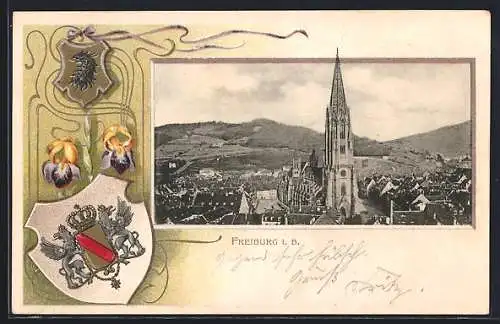 Passepartout-Lithographie Freiburg i. B., Münster, Wappen und Schwertlilien