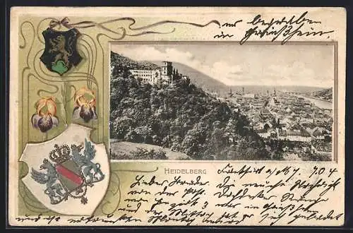 Passepartout-Lithographie Heidelberg / Neckar, Totalansicht, Wappen und Schwertlilie