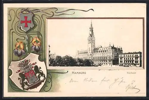 Passepartout-Lithographie Hamburg, Blick auf das Rathaus, Wappen und Schwertlilie