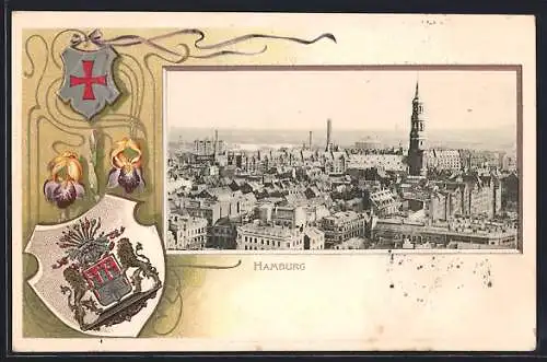 Passepartout-Lithographie Hamburg, Stadtpanorama, Wappen und Schwertlilie