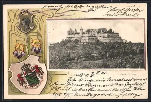 Passepartout-Lithographie Coburg, Blick zur Veste, Wappen und Schwertlilie