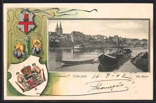 Passepartout-Lithographie Coblenz, Moselpartie mit Boot, Wappen und Schwertlilie