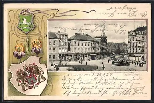 Passepartout-Lithographie Hannover, Strassenbahn auf dem Aegidienthorplatz, Wappen und Schwertlilie