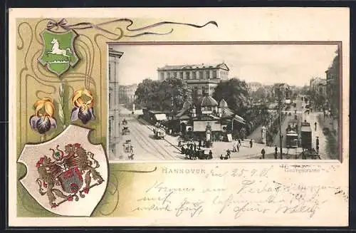 Passepartout-Lithographie Hannover, Strassenbahn in der Georgstrasse, Wappen und Schwertlilie