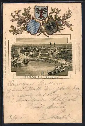 Passepartout-Lithographie Lindau / Bodensee, Hafenansicht mit Schiffen, geprägte Wappen