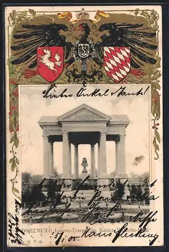 Passepartout-Lithographie Dortmund, Luisen-Tempel im Kaiser Wilhelm-Hain, Wappen und Adler