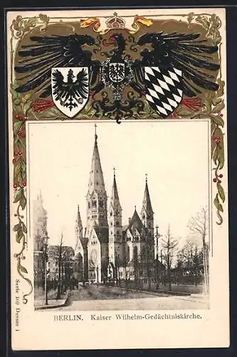 Passepartout-Lithographie Berlin-Charlottenburg, Kaiser Wilhelm-Gedächtniskirche, Wappen und Adler