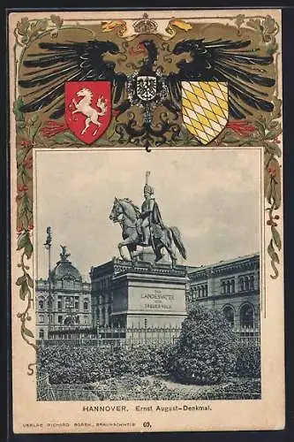 Passepartout-Lithographie Hannover, Ernst August-Denkmal, Wappen und Adler