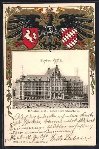 Passepartout-Lithographie Hagen i. W., Neue Gewerbeschule, Adler und Wappen