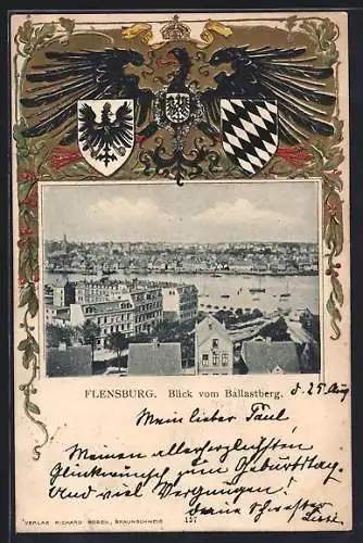 Passepartout-Lithographie Flensburg, Blick vom Ballastberg, Wappen und Adler