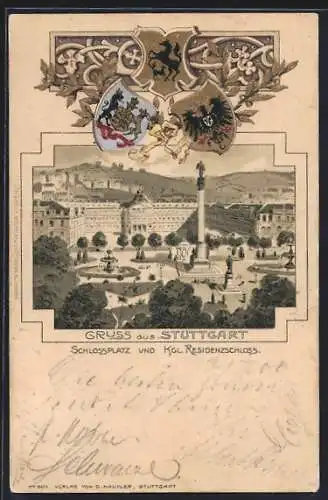 Passepartout-Lithographie Stuttgart, Schlossplatz und Königliches Residenzschloss, Wappen