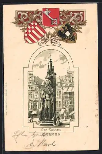 Passepartout-Lithographie Bremen, Der Roland, Wappen und Lorbeerzweig