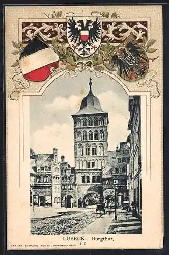 AK Lübeck, das Burgthor, die Wappen