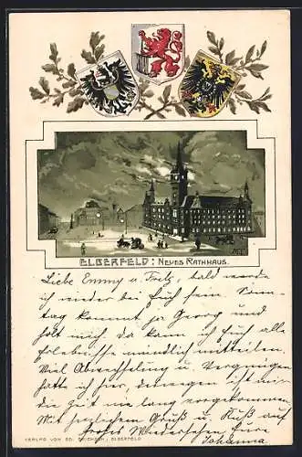 Passepartout-Lithographie Elberfeld, Neues Rathaus, Wappen und Eichenzweig