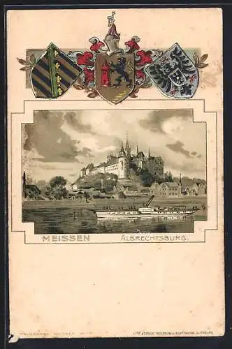 Passepartout-Lithographie Meissen, Albrechtsburg mit Flusspartie, Wappen und Ritterhelm