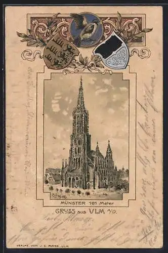 Passepartout-Lithographie Ulm a. D., Blick zum Münster, Wappen und Lorbeerzweig