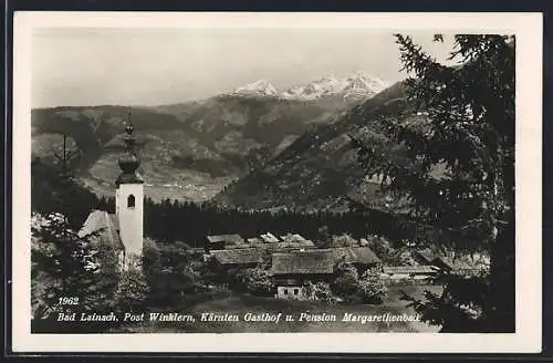 AK Rangersdorf /Kärnten, Bad Lainach, Gasthof und Pension Margarethenhof mit Kirche und Bergpanorama