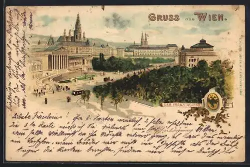 Lithographie Wien, Parlament am Franzensring mit Passanten und Strassenbahn