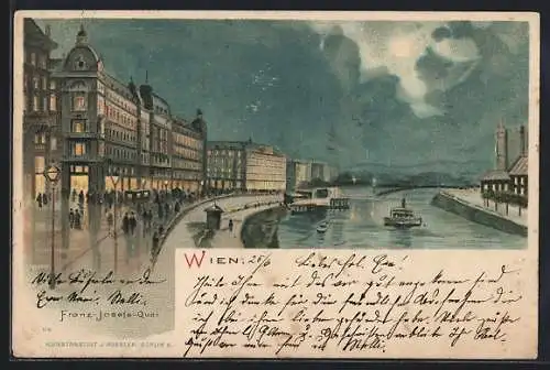 Lithographie Wien, Franz-Josefs-Quai mit Donau und Bergpanorama