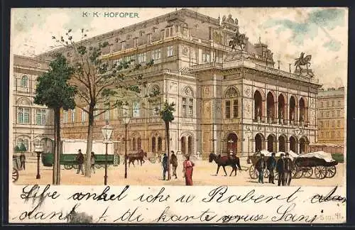 Lithographie Wien, K. K. Hofoper mit Pferdebahn