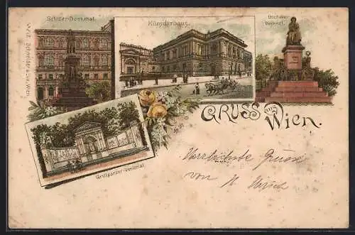 Lithographie Wien, Schiller-Denkmal, Künstlerhaus, Beethovendenkmal, Grillparzer-Denkmal