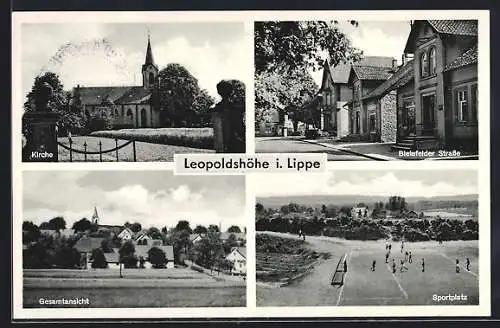 AK Leopoldshöhe i. Lippe, Bielefelder Strasse, Kirche, Sportplatz