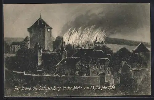 Künstler-AK Solingen, Brand des Schlosses Burg 1920