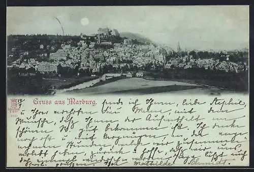 Mondschein-AK Marburg, Teilansicht mit Schloss
