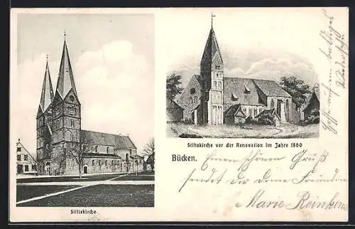 AK Bücken, Stiftskirche vor der Renovierung 1860 und jetzt