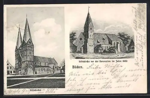 AK Bücken, Stiftskirche vor und nach der Renovierung im Jahre 1800