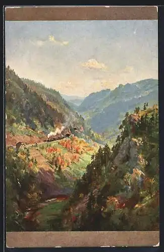 Künstler-AK Wilhelm Hasemann: Triberg, Panorama mit der Schwarzwaldbahn