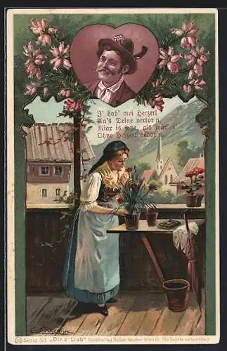 Künstler-Lithographie E. Döcker: Maid mit Blumen