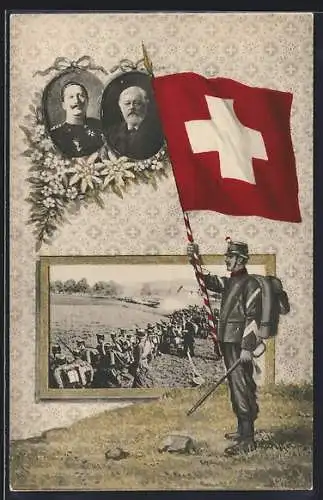 AK Portrait von Kaiser Wilhelm II., Manöver 1912, schweizer Soldat mit Nationalflagge