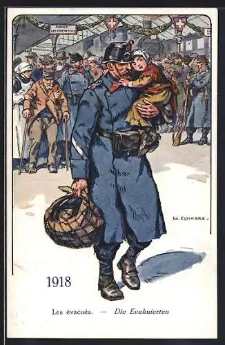 Künstler-AK Die Evakuierten 1918, Soldat und Kriegsopfer