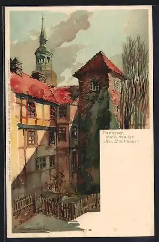 Künstler-Lithographie Otto Hammel: Hannover, Motiv von der alten Stadtmauer