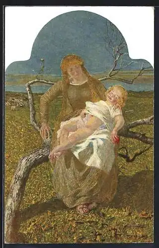 Künstler-AK Giovanni Segantini: Frau mit Kind sitzt auf einem Baum