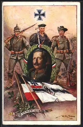 Künstler-AK Stoewer: Portrait Wilhelm II. im Siegerkranz mit Reichskriegsfahne deutsche Soldaten DSW