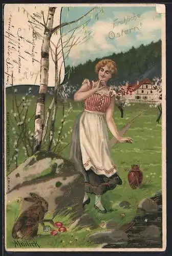 Künstler-AK Alfred Mailick: Frau im Kleid mit Osterhasen, Ostergruss