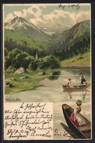 Künstler-Lithographie Alfred Mailick: Bootspartie auf Alpensee