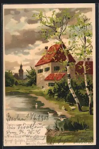 Künstler-Lithographie Alfred Mailick: Fröhliche Pfingsten, Ortschaft mit Birken