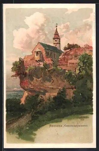 Lithographie Bregenz, Kirche auf dem Gebhardtsberg