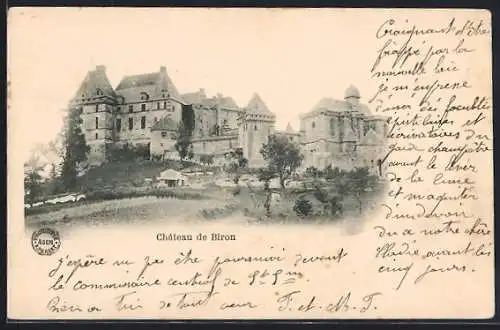 AK Biron, Vue du Château de Biron avec écriture manuscrite