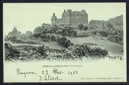 Mondschein-AK Hautefort, Vue du château et des jardins environnants