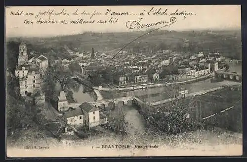 AK Brantôme, Vue générale du village et de la rivière avec pont en pierre