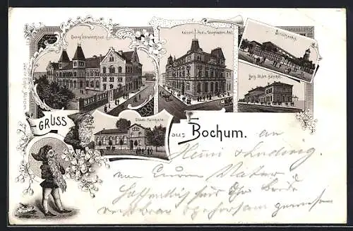 Lithographie Bochum, Bergisch-Märkischer Bahnhof, Schützenhof, Städt. Turnhalle, Evang. Vereinshaus, Zwerge