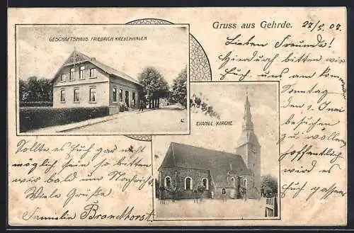 AK Gehrde, Geschäftshaus Friedrich Kreyenhagen, Evangelische Kirche