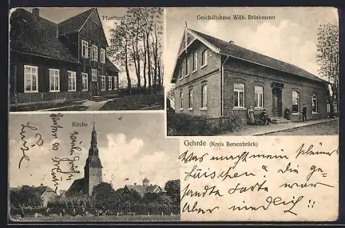 AK Gehrde /Bersenbrück, Geschäftshaus Wilh. Brinkmann, Pfarrhaus, Kirche