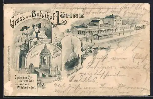 Lithographie Löhne, Bahnhof, Hermann-Denkmal, Kaiser-Denkmal an der Porta Westfalica, Paar in Tracht