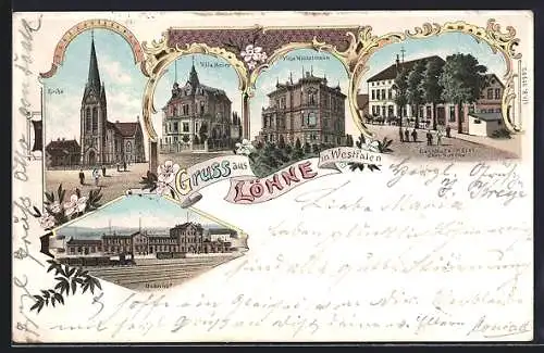 Lithographie Löhne / Westf., Bahnhofshotel Chr. Busche, Villen Meier & Winkelmann, Bahnhof und Kirche