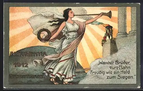 AK Burgsteinfurt, Fanfare spielende allegorische Frauenfigur, Absolvia 1912